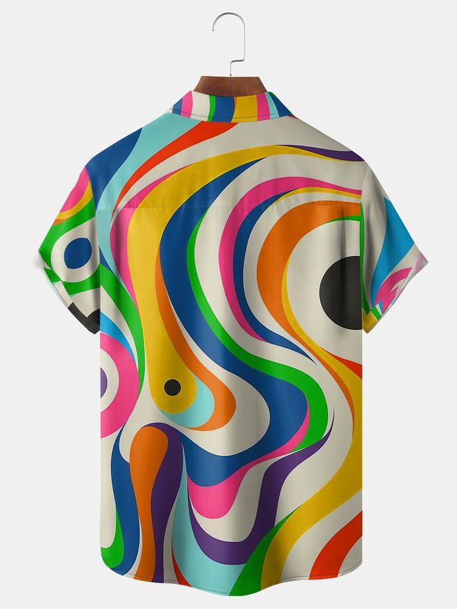 Color Block Geometric Chest Pocket Short Sleeve Casual Shirt