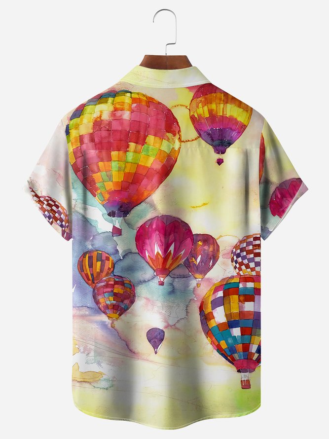 Hot Air Balloon Chest Pocket Short Sleeve Casual Shirt