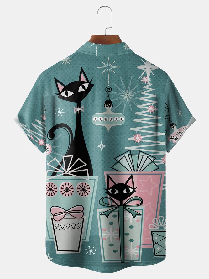Mid-Century Cat Chest Pocket Short Sleeve Shirt