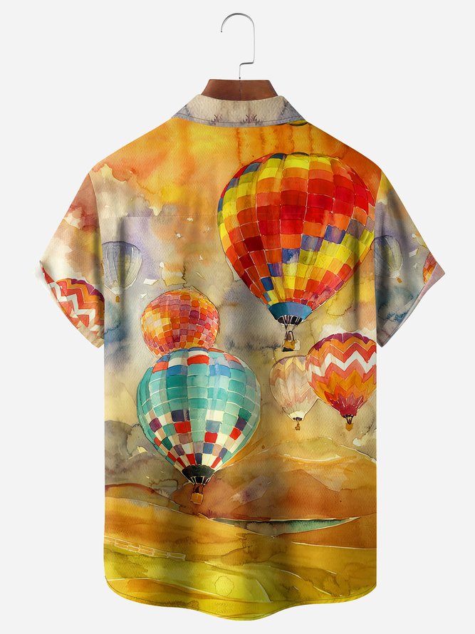 Hot Air Balloon Chest Pocket Short Sleeve Casual Shirt