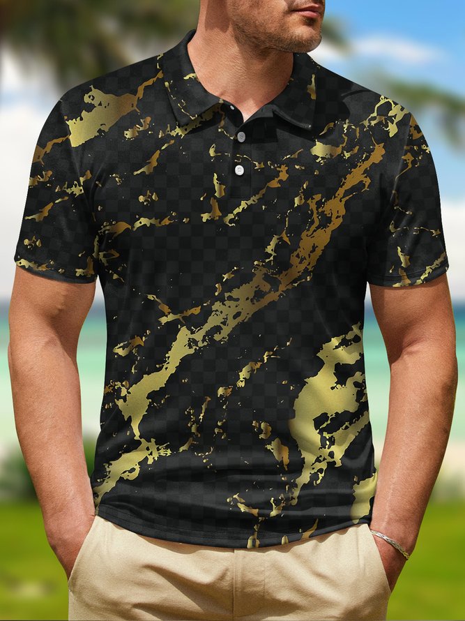 Gold Gradient Geometric Button Short Sleeve Polo