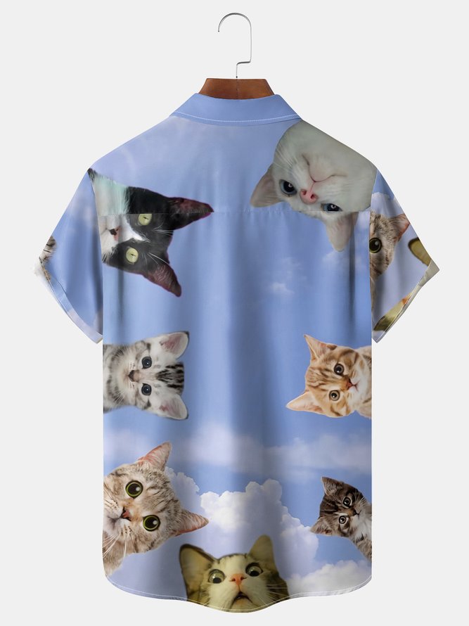 Cats Watching Chest Pocket Short Sleeve Casual Shirt