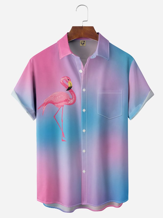 Flamingo Gradient Color Chest Pocket Short Sleeve Hawaiian Shirt