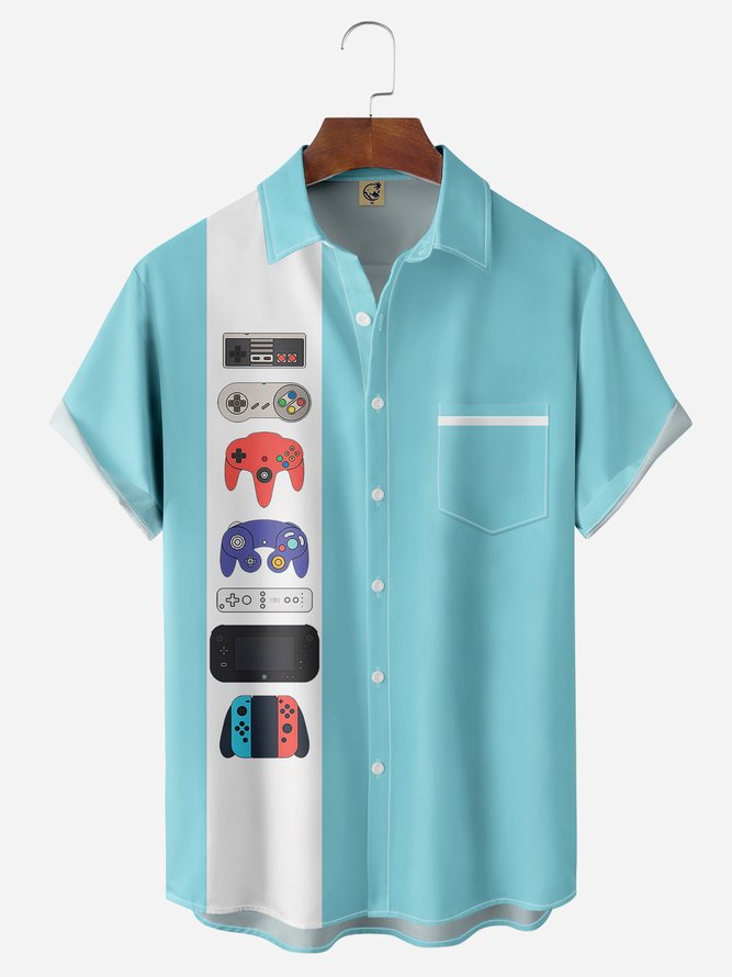 Gamepad Chest Pocket Short Sleeve Bowling Shirt