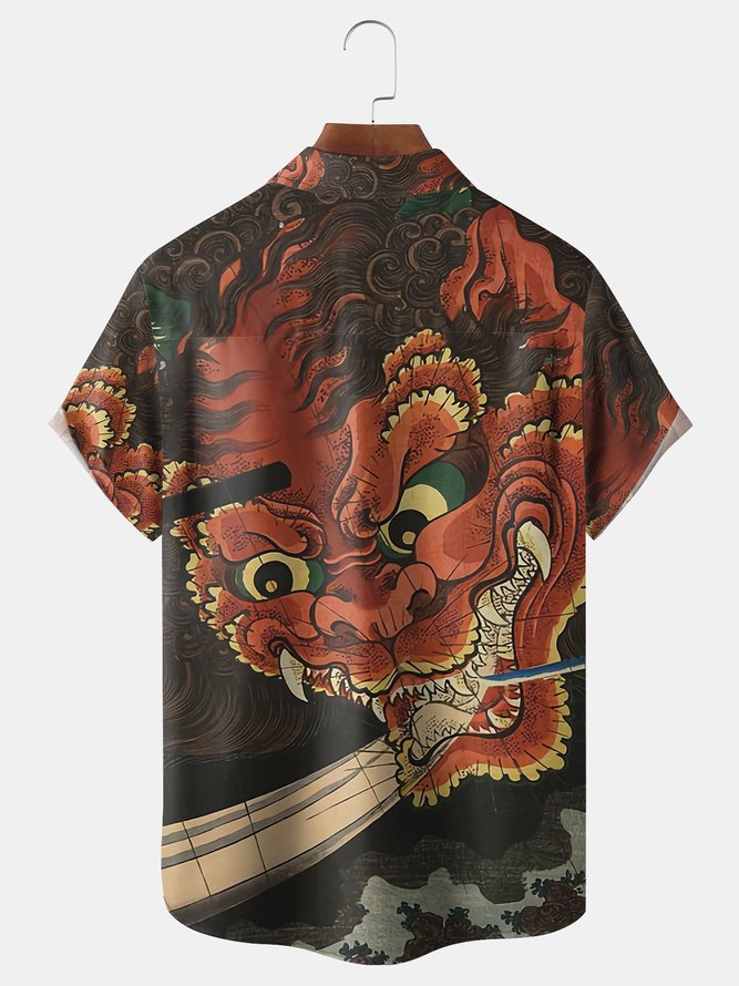 Japanese Ukiyo-e Dragon Animal Chest Pocket Short Sleeve Hawaiian Shirt