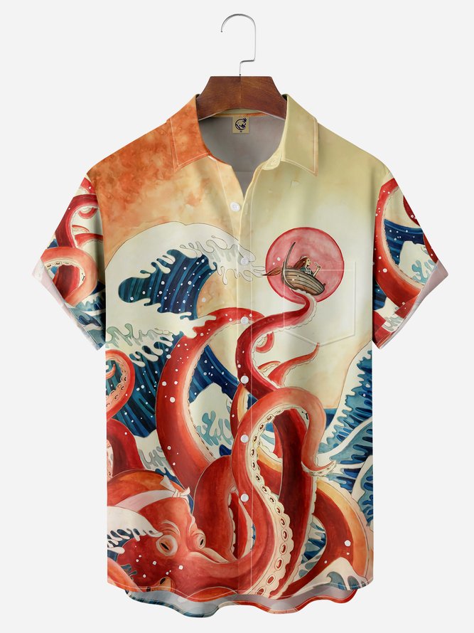 Japanese Ukiyo-e Octopus Chest Pocket Short Sleeve Hawaiian Shirt