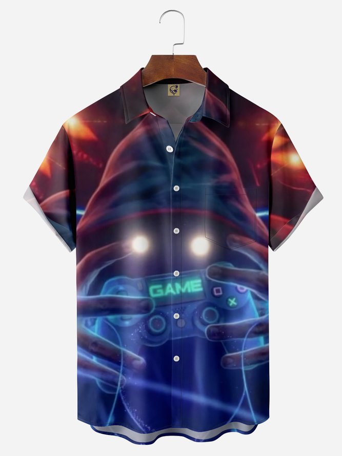 Gamepad Chest Pocket Short Sleeve Casual Shirt