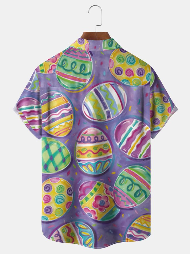 Big Siz Dinosaur Easter Egg Chest Pocket Short Sleeve Shirt