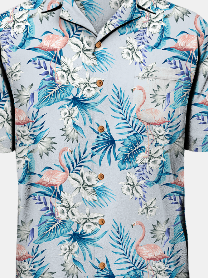 Hawaiian Floral Flamingo Chest Pocket Short Sleeve Resort Shirt
