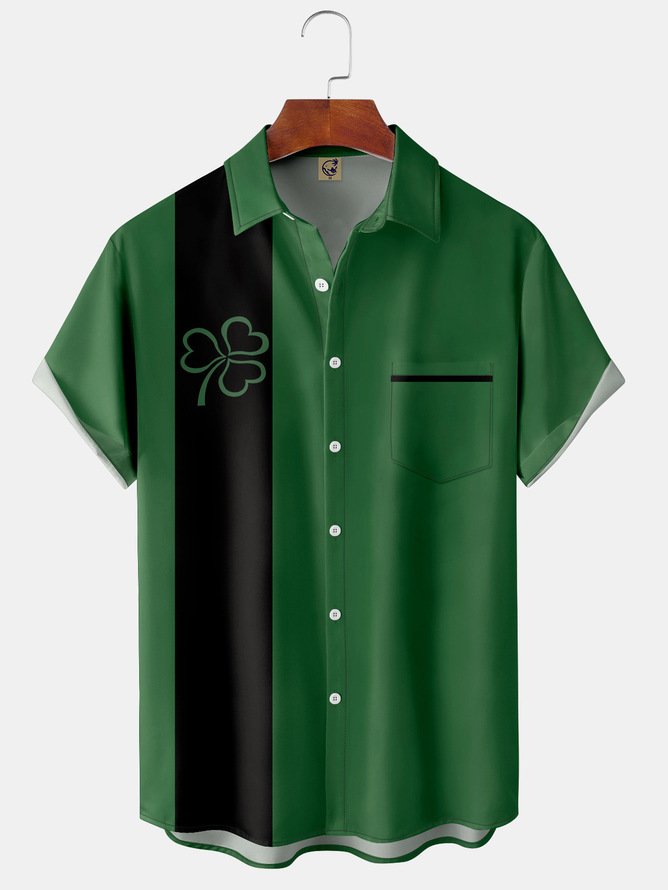 Big Size St. Patrick's Day Shamrock Chest Pocket Short Sleeve Bowling Shirt