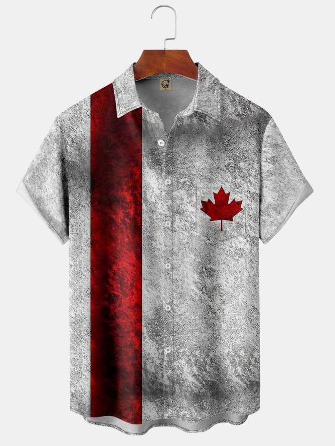 Big Size Canada Day Chest Pocket Short Sleeve Bowling Shirt