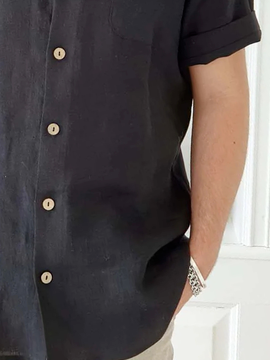 Cotton Plain Chest Pocket Short Sleeve Casual Shirt
