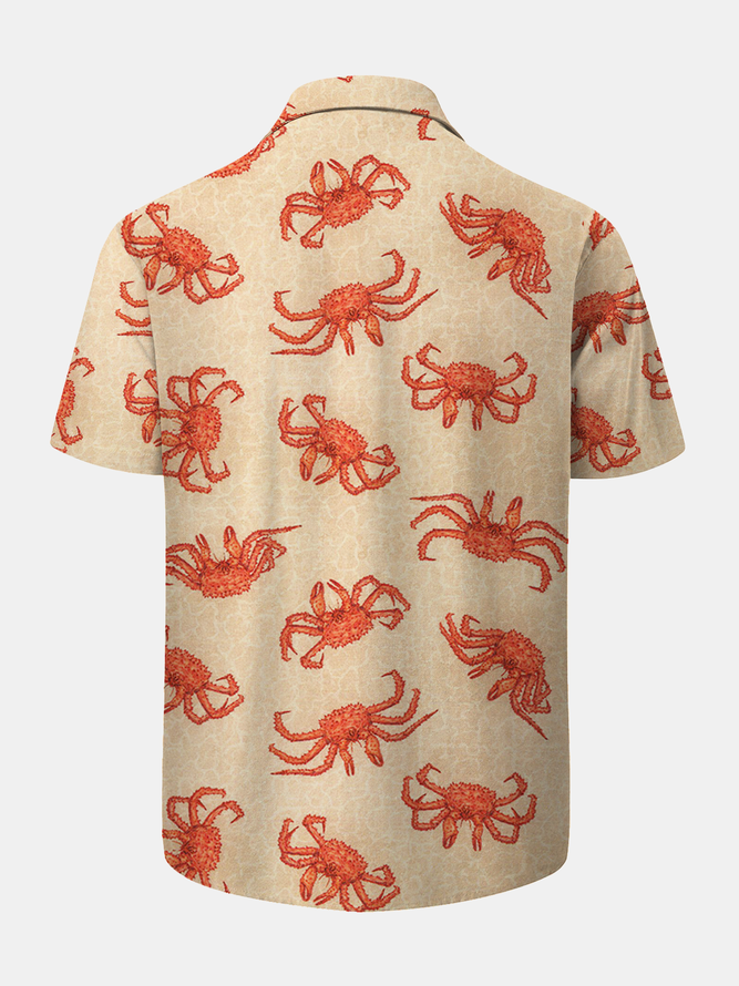 King Crab Print Chest Pocket Short Sleeve Resort Shirt