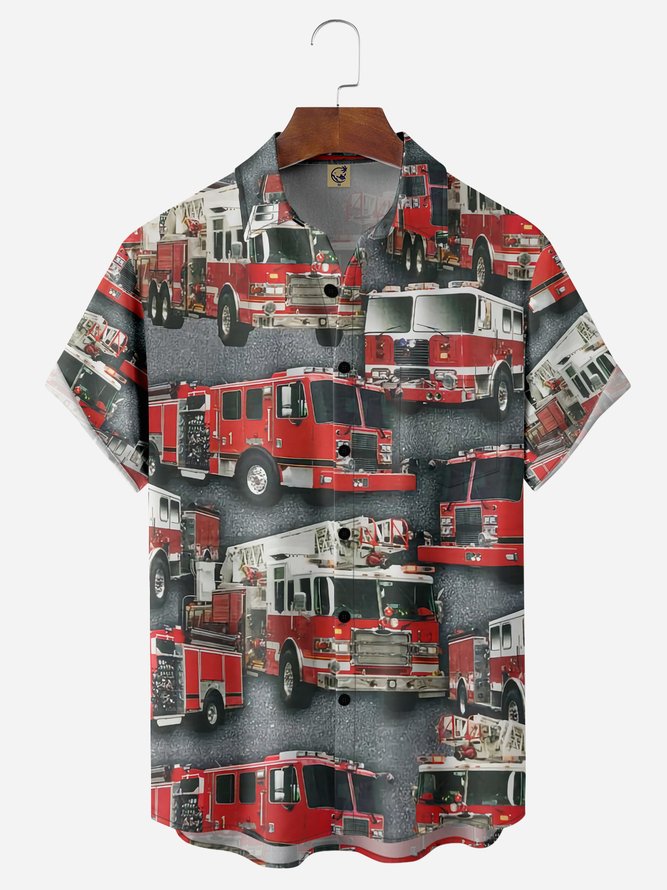 Fire Truck Chest Pocket Short Sleeve Casual Shirt