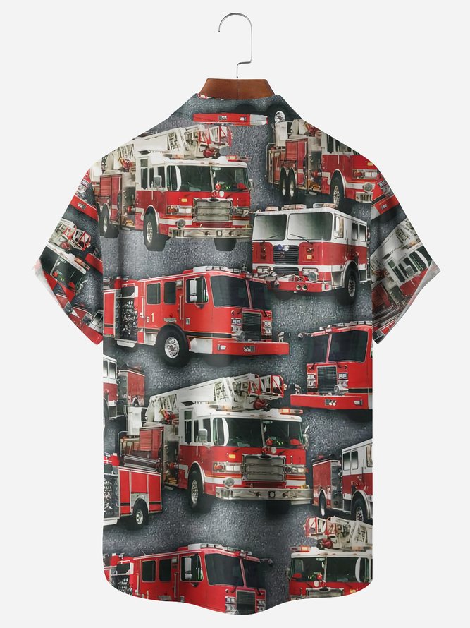 Fire Truck Chest Pocket Short Sleeve Casual Shirt
