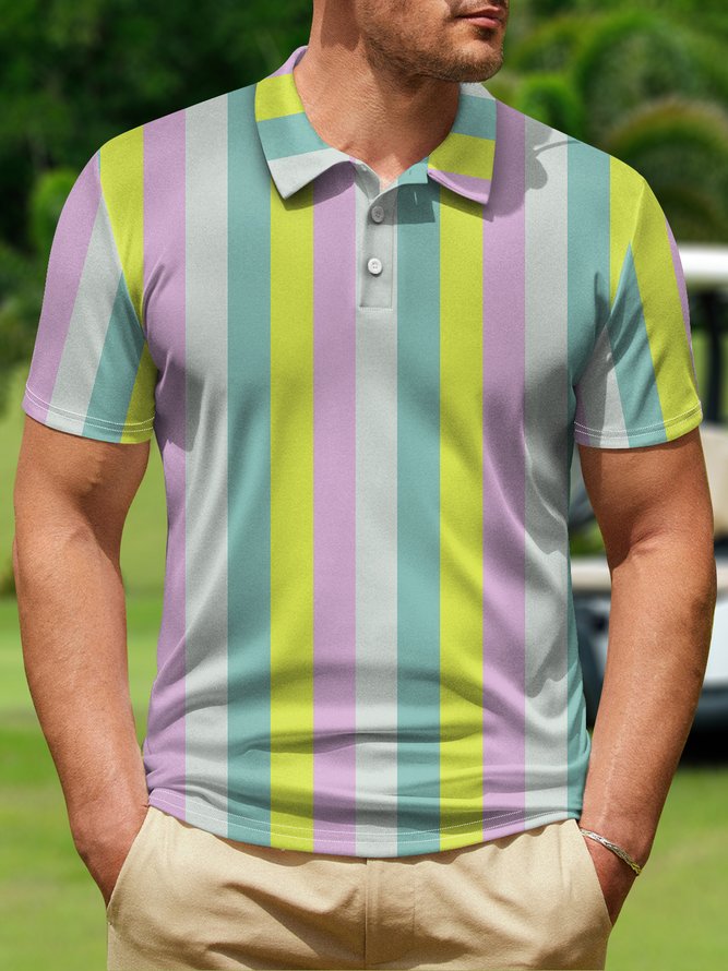 Geometric Stripe Button Short Sleeve Golf Polo Shirt