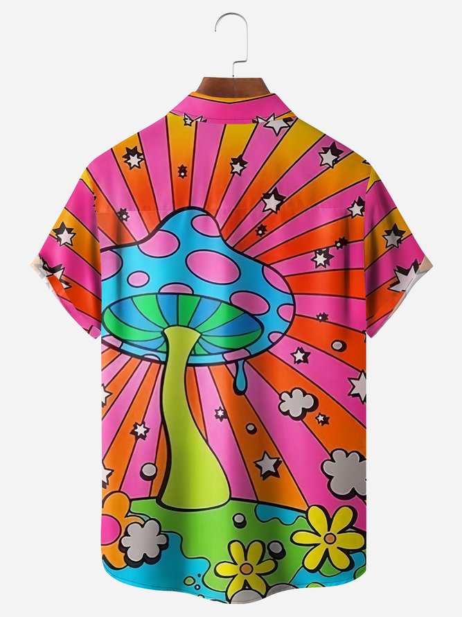 Hippie Mushroom Chest Pocket Short Sleeve Casual Shirt