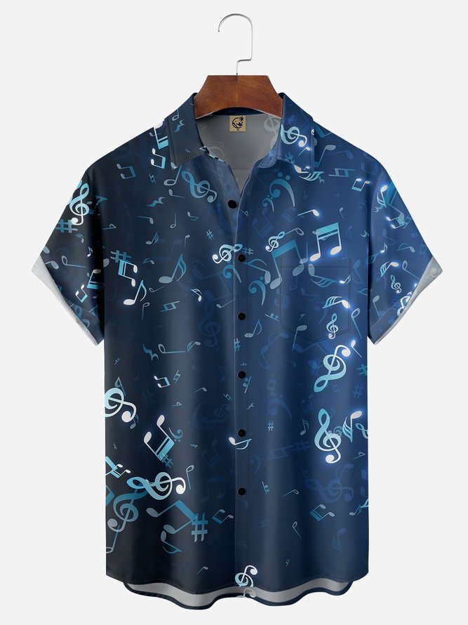 Music Notes Chest Pocket Short Sleeve Casual Shirt