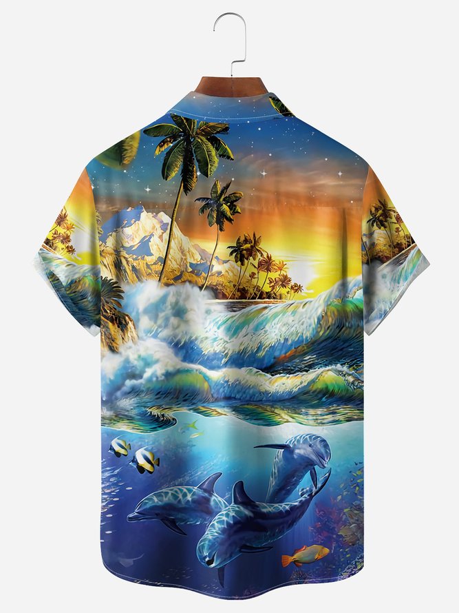 Dolphin Chest Pocket Short Sleeve Hawaiian Shirt
