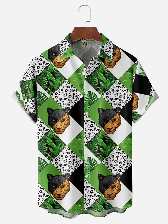 Leopard Print Chest Pocket Short Sleeve Hawaiian Shirt