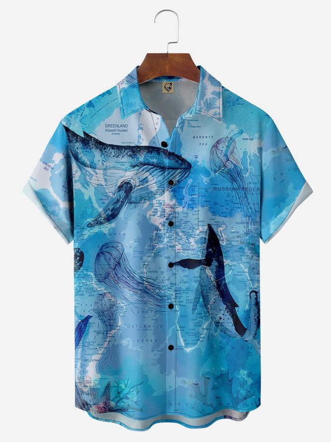 Map Sea Life Chest Pocket Short Sleeve Hawaiian Shirt