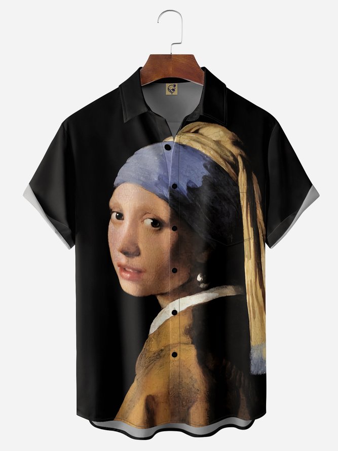 Girl With A Pearl Earring Chest Pocket Short Sleeve Casual Shirt