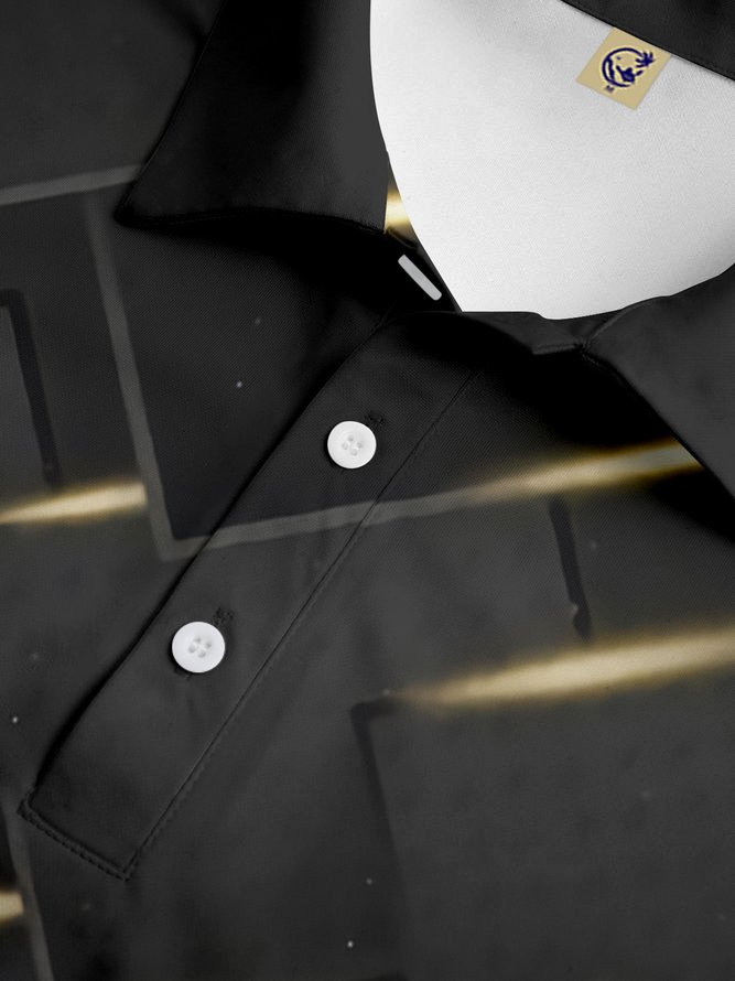 3D Gradient Geometric Black Gold Button Short Sleeve Polo Shirt