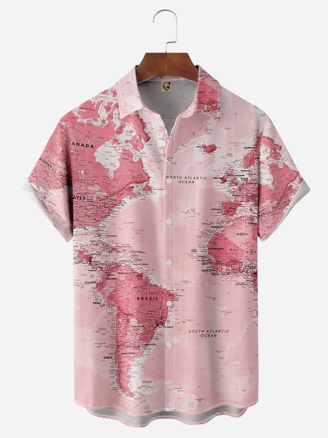 World Map Chest Pocket Short Sleeve Hawaiian Shirt