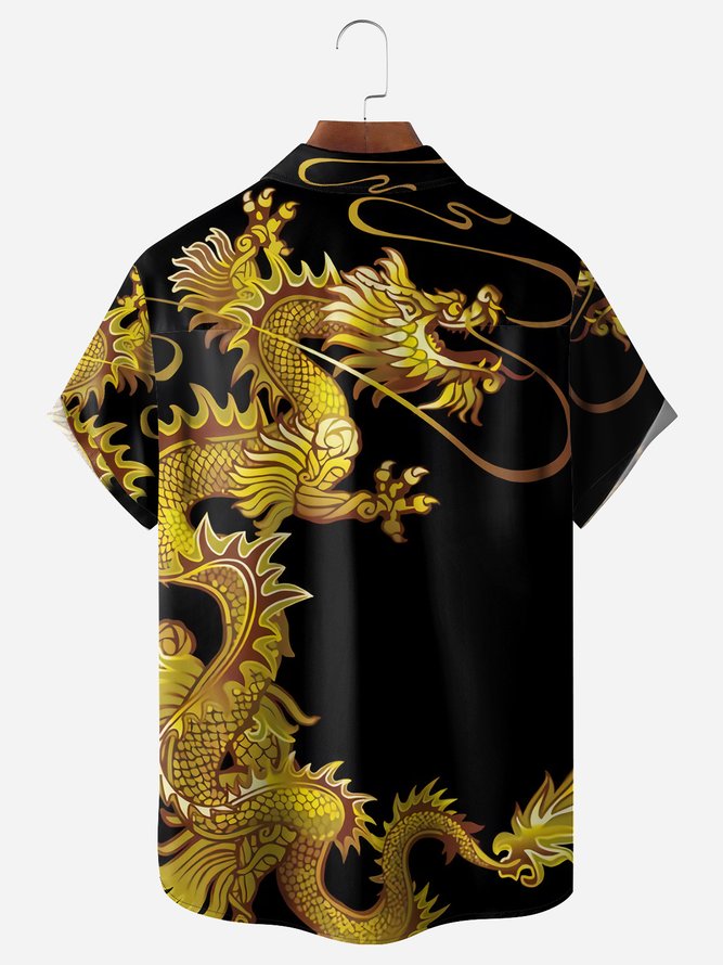 Artistic Dragon Pattern Chest Pocket Short Sleeve Casual Shirt