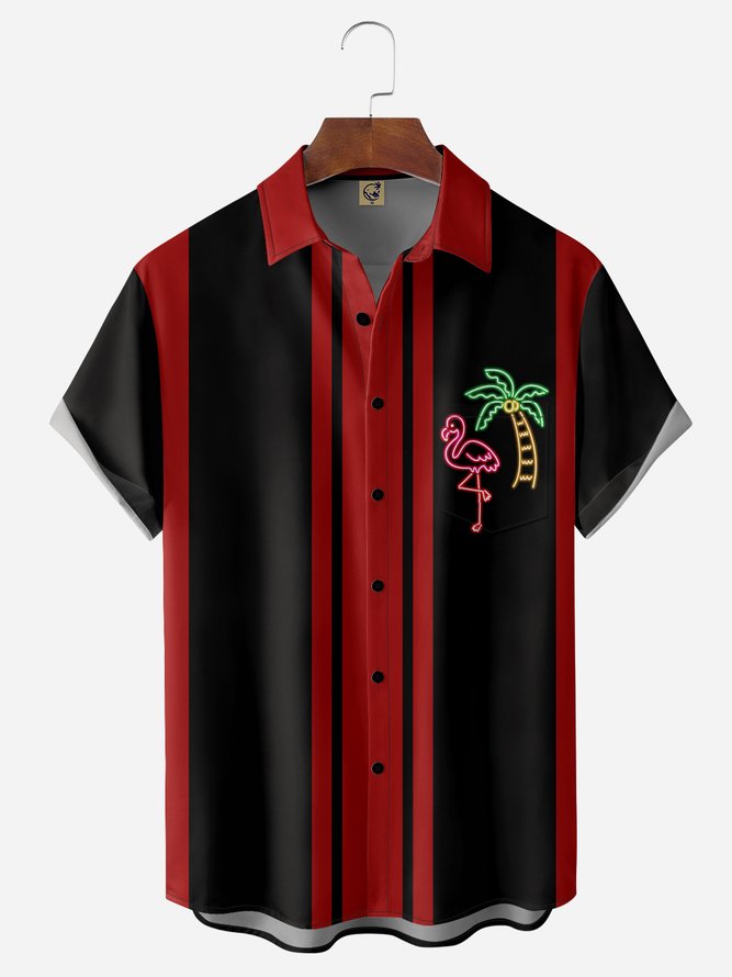Coconut Tree Flamingo Chest Pocket Short Sleeve Bowling Shirt