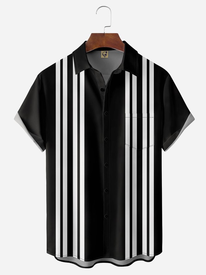 Geometric Stripe Chest Pocket Short Sleeves Bowling Shirts