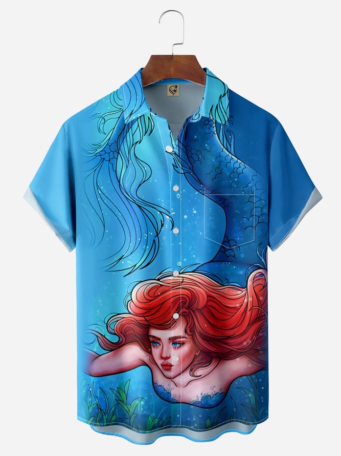 Mermaid Chest Pocket Short Sleeve Hawaiian Shirt
