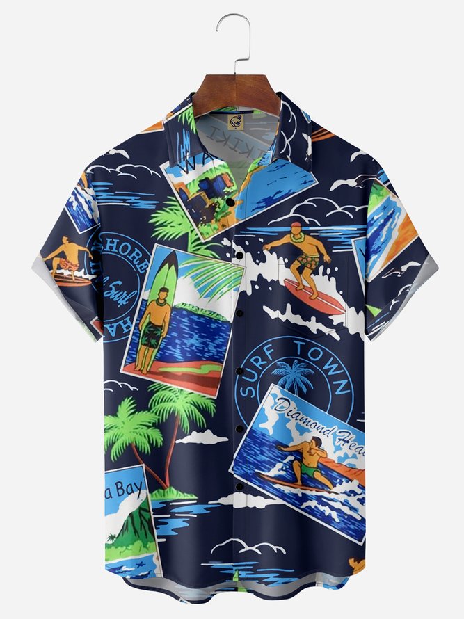 Postcard Chest Pocket Short Sleeve Hawaiian Shirt