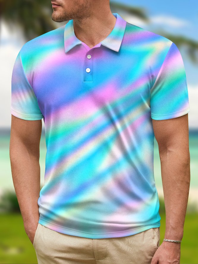 Side view of Casual Ombre Summer Polyester Lightweight Regular Fit Buttons Regular H-Line Casual Polo for Men