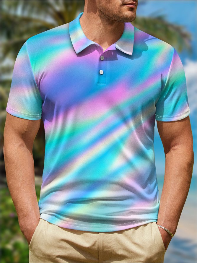 Side view of Casual Ombre Summer Polyester Lightweight Regular Fit Buttons Regular H-Line Casual Polo for Men