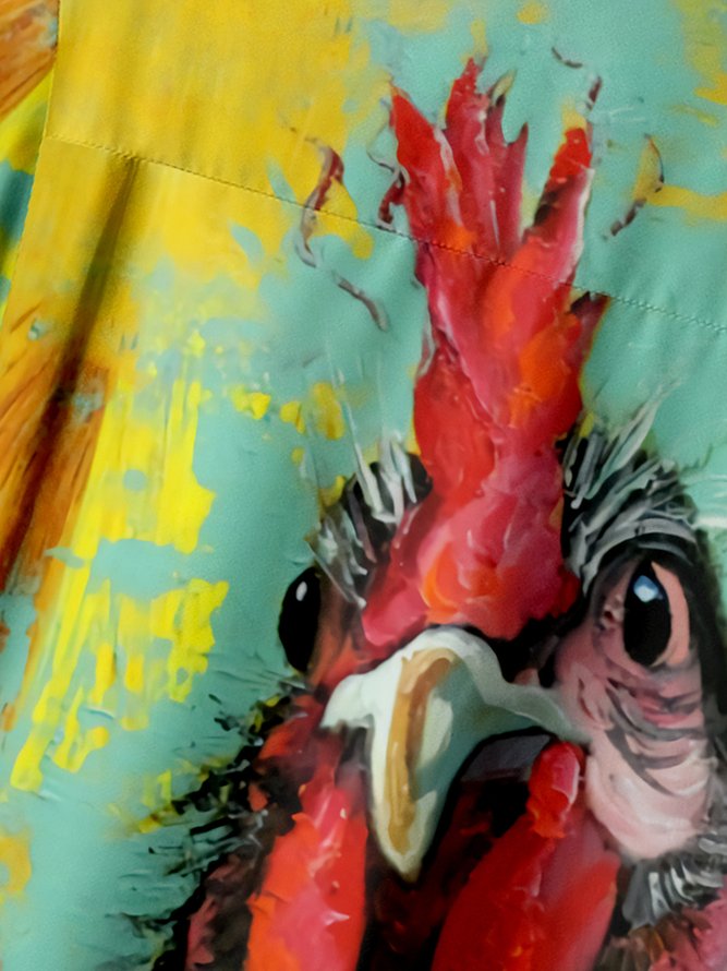 Rooster Painting Chest Pocket Short Sleeve Casual Shirt