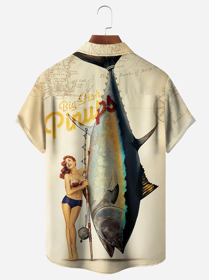 Beauty Fishing Chest Pocket Short Sleeve Hawaiian Shirt
