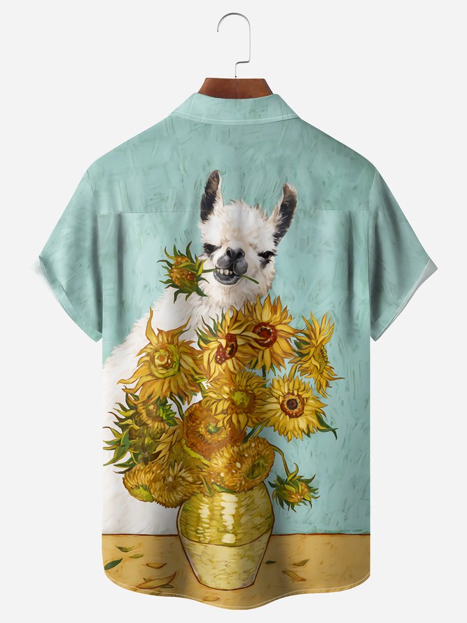 Alpaca Sunflower Painting Chest Pocket Short Sleeve Shirt