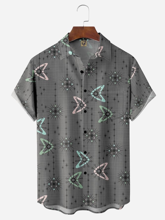 Mid Century Geometric Chest Pocket Short Sleeve Casual Shirt