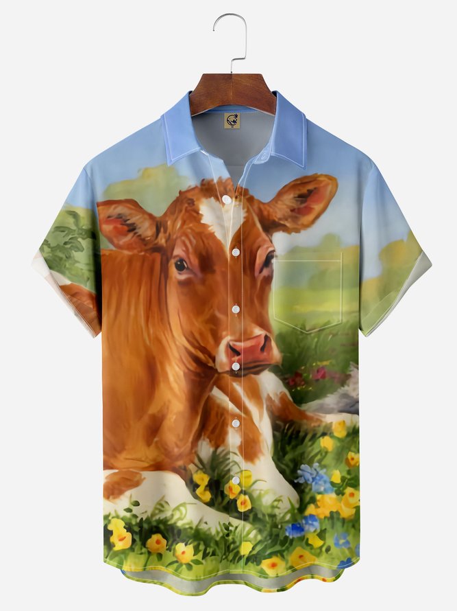 Cow Farming Chest Pocket Short Sleeve Casual Shirt