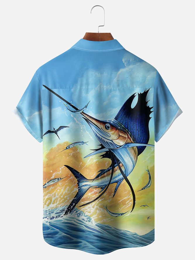 Marlin Fish Chest Pocket Short Sleeve Hawaiian Shirt