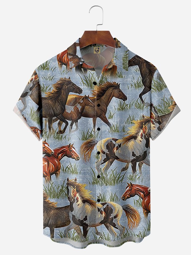 Western Horse Chest Pocket Short Sleeve Casual Shirt