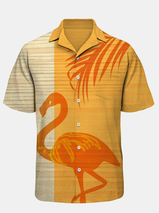 Men Flamingo Summer Vacation Natural No Elasticity Household Cotton Regular Camp Collar Aloha Shirts-image-15732948