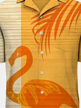 Side view of Men Flamingo Summer Vacation Natural No Elasticity Household Cotton Regular Camp Collar Aloha Shirts