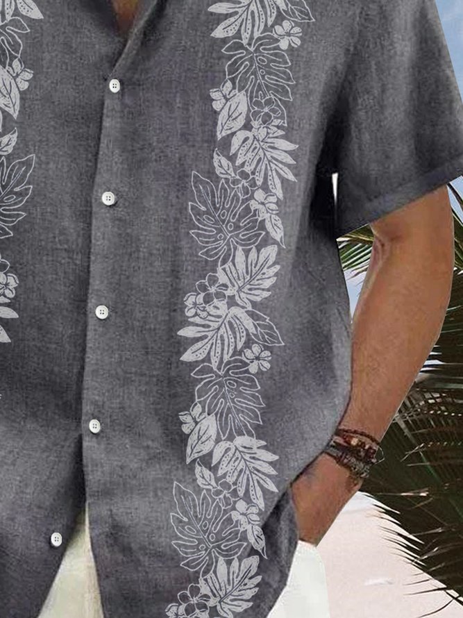Side view of Men Floral Summer Vacation Polyester Micro-Elasticity Daily Regular H-Line Shirt Collar Bowling Shirts