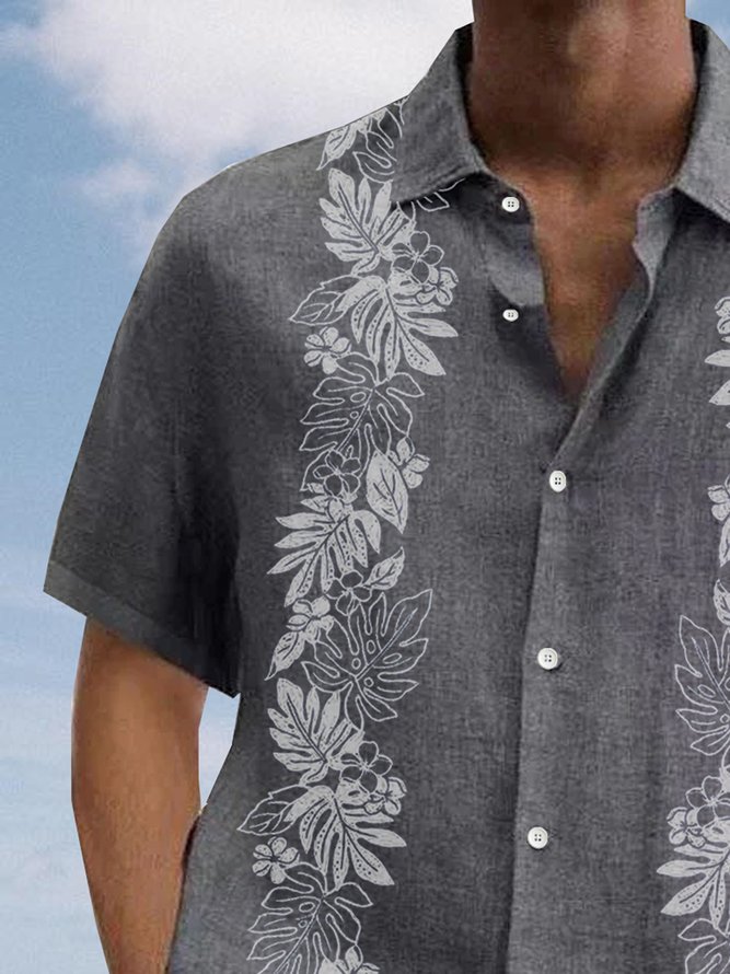 Side view of Men Floral Summer Vacation Polyester Micro-Elasticity Daily Regular H-Line Shirt Collar Bowling Shirts