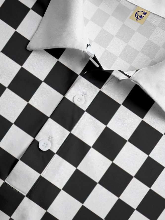 Checkerboard Polka Dot Button Down Short Sleeve Golf Polo Shirt