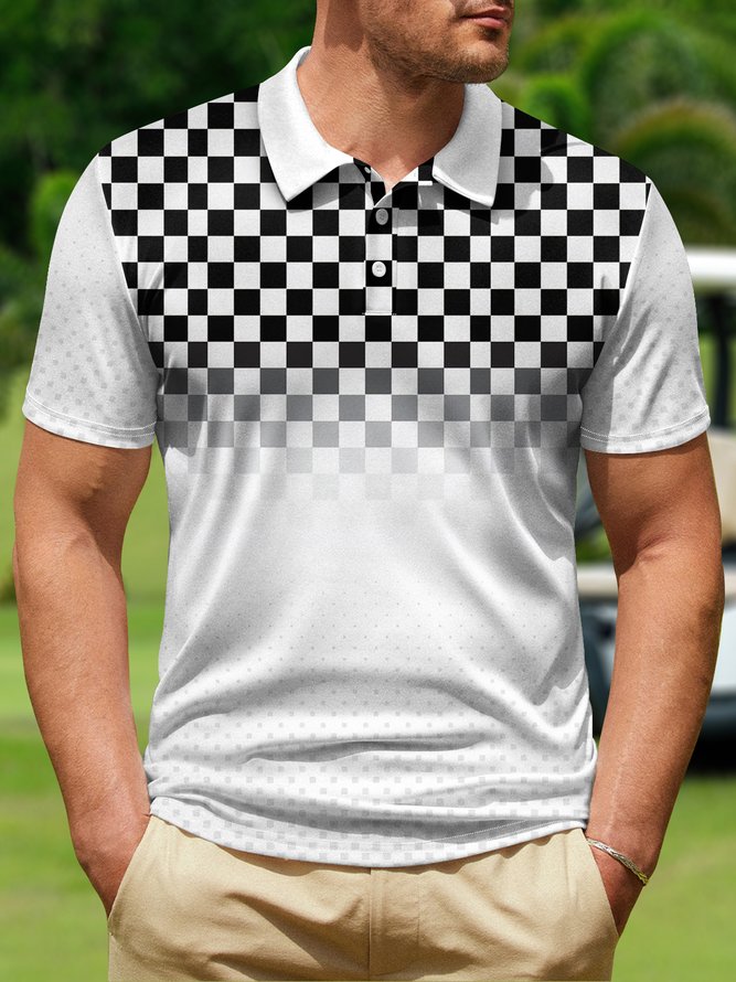 Checkerboard Polka Dot Button Down Short Sleeve Golf Polo Shirt
