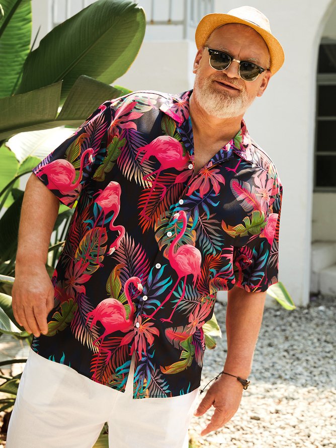 Big Size Flamingo Short Sleeve Aloha Shirt