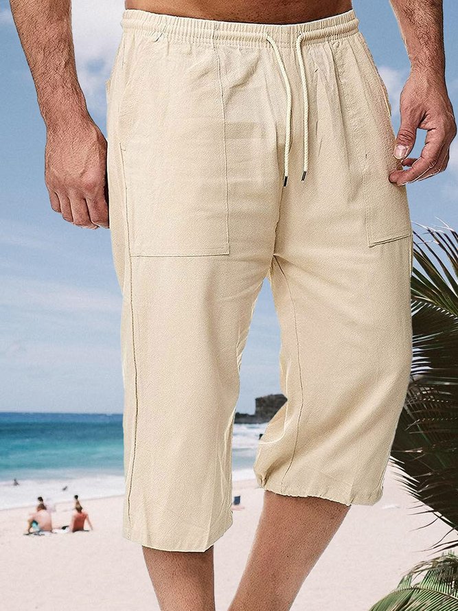 Side view of Men Casual Plain All Season Natural Vacation Loose Capris Cotton H-Line Pants